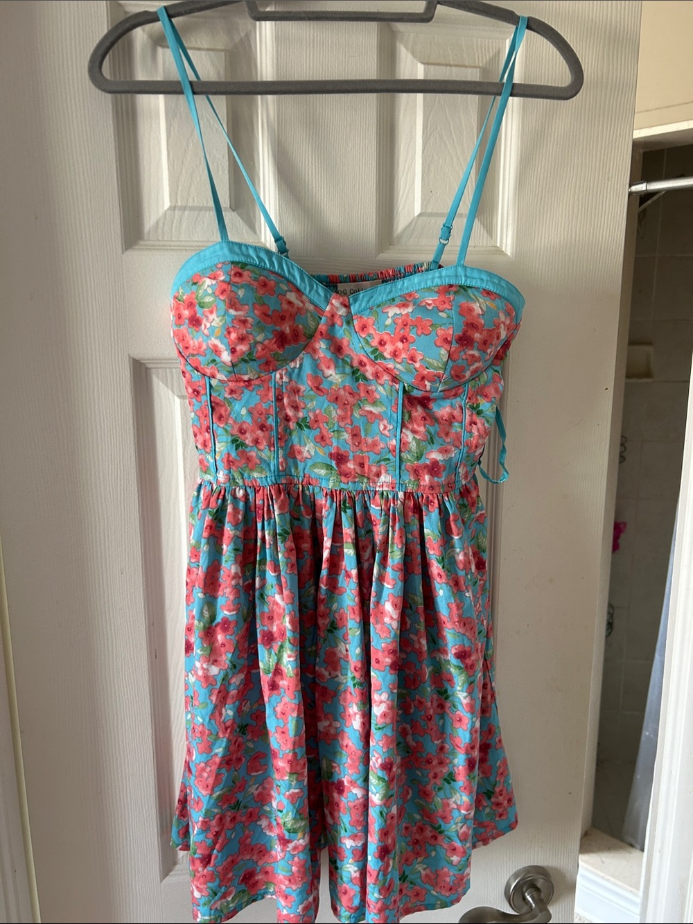 Turquoise Floral Sundress with Pink Blossom Print